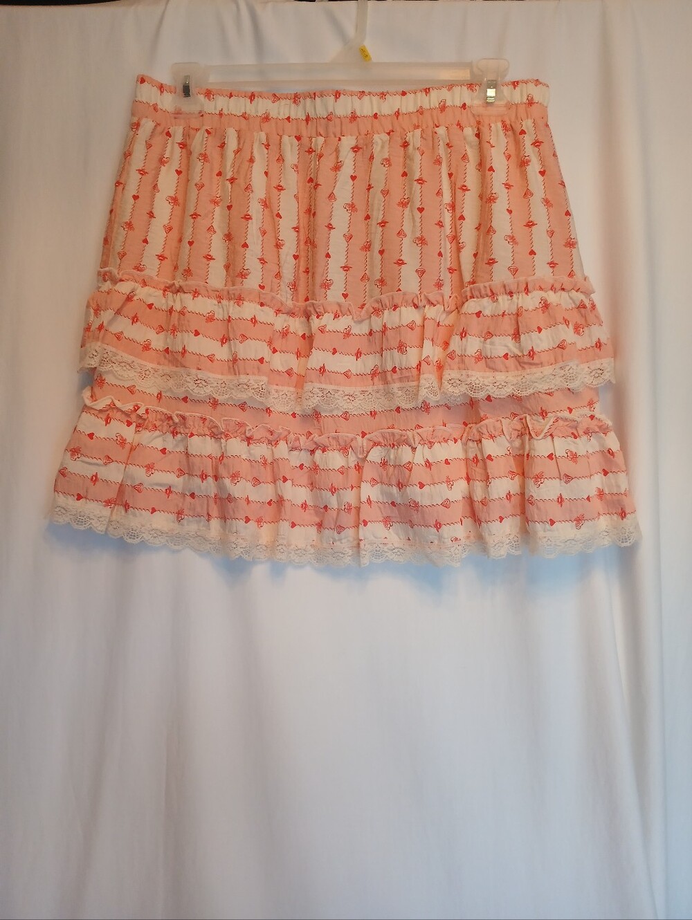 Bridgerton Pink & Cream Floral Tiered Lace Pull On Mini Skirt L New!